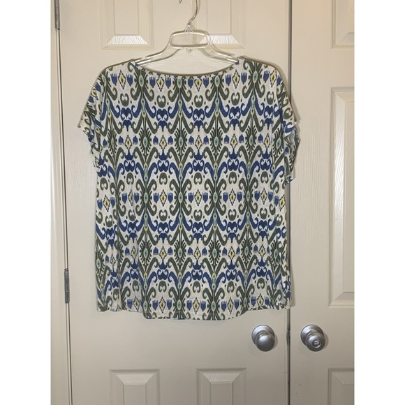 Chaps Denim Top Women 3X Blue Green Ikat Damask Print Short Sleeve EUC - Picture 2 of 4